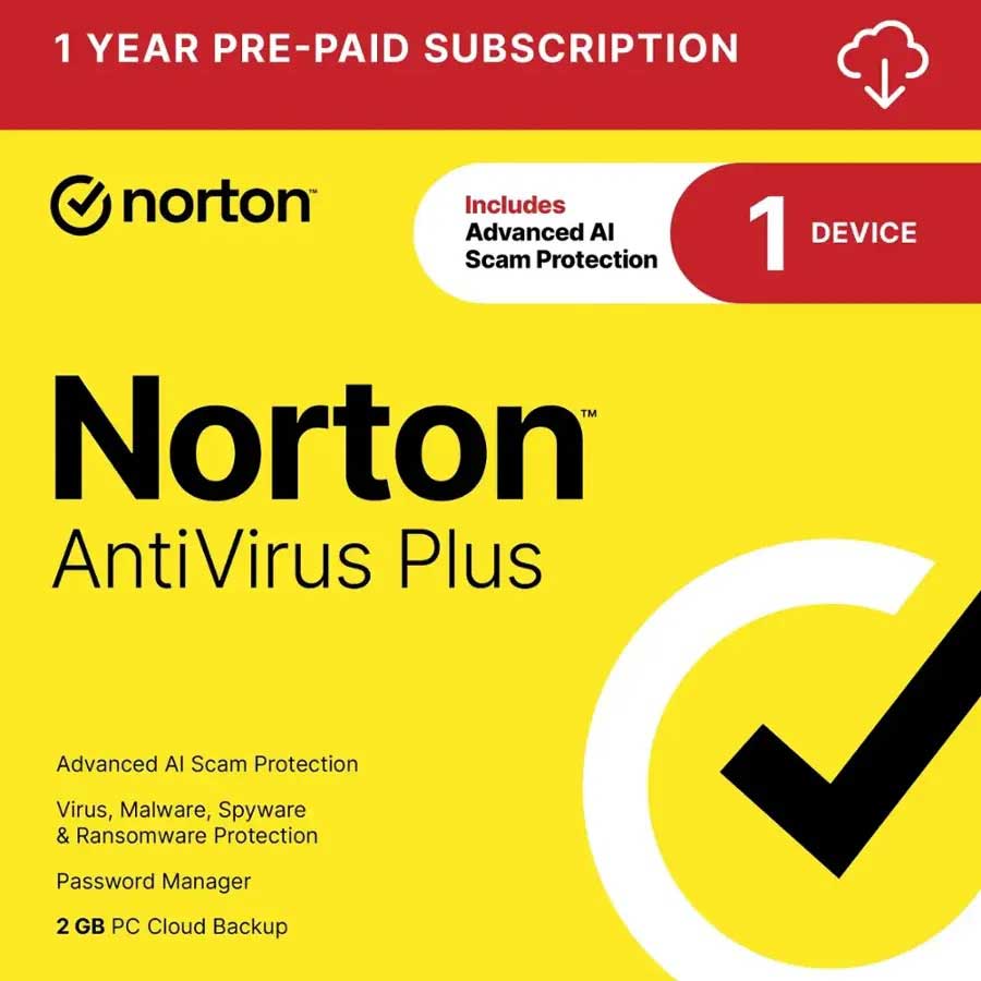 Norton AntiVirus Plus (1 Device) Antivirus Software + Scam Protection + Smart Firewall + PC Cloud Backup (1 Year Subscription) - Digital Download
