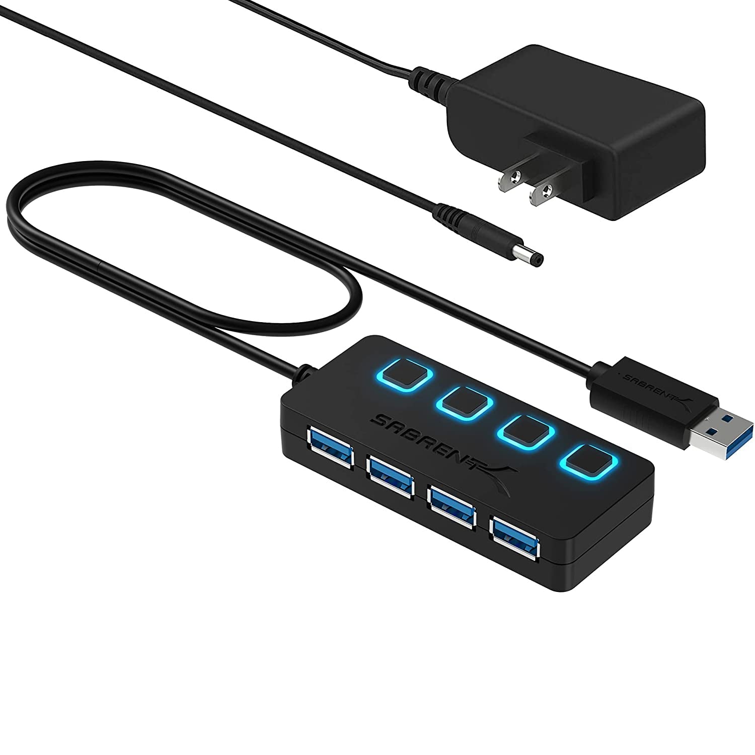4-Port USB 3.0 Hub with power adapter and LED switches