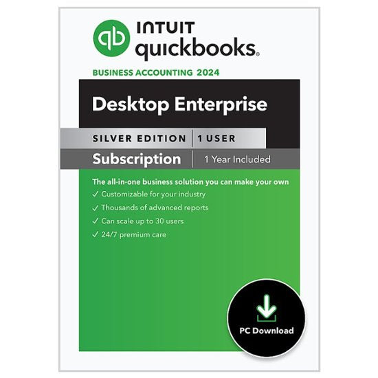 Intuit QuickBooks Desktop Enterprise Silver, 2024, 1 usuario, suscripción de 1 año, compatible con Windows®, ESD 