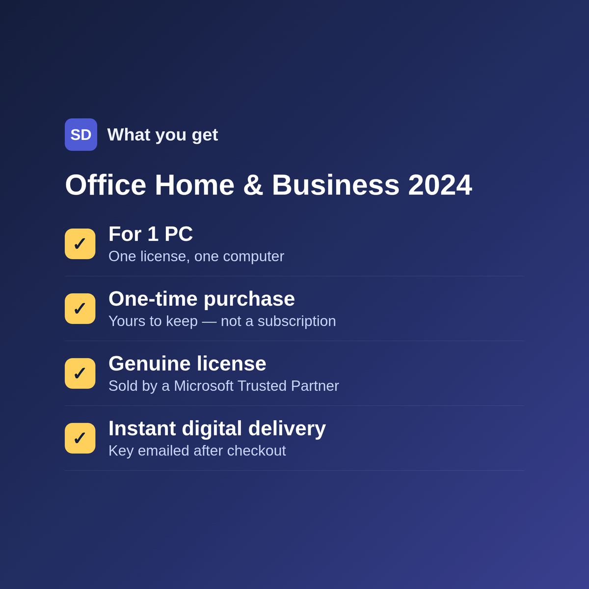 Office Home & Business 2024 for 1 PC — one-time purchase, genuine license, instant digital delivery