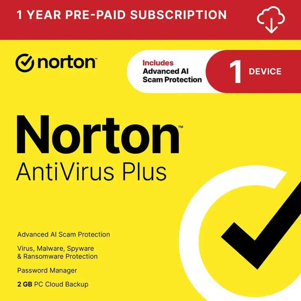Norton AntiVirus Plus (1 Device) Antivirus Software + Scam Protection + Smart Firewall + PC Cloud Backup (1 Year Subscription) - Digital Download